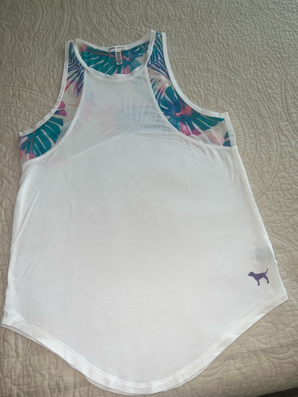 PINK Victoria's Secret White Tank with Teal & Purple Tropical Accents